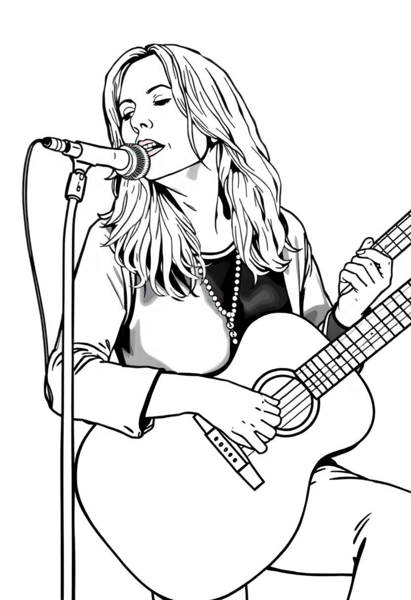 Joni Mitchell with Guitar coloring page, free printable