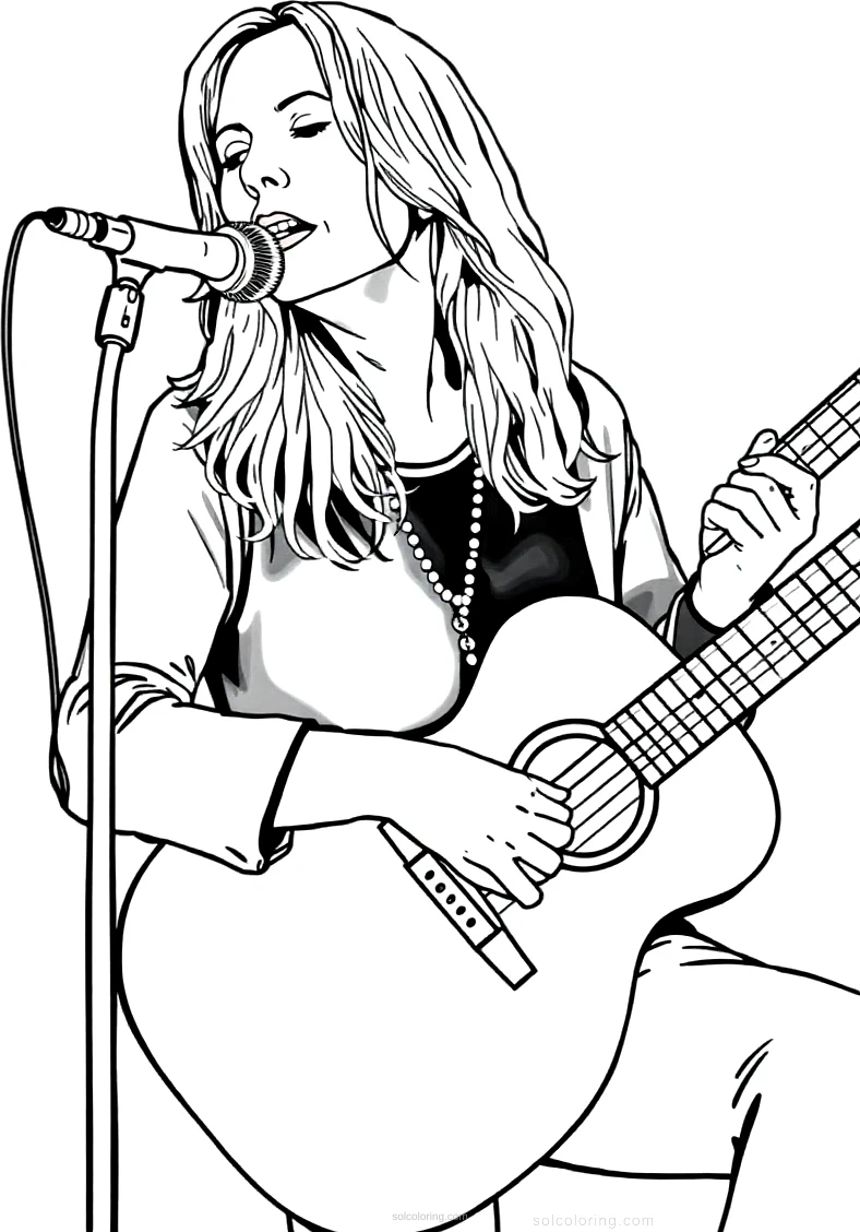 Joni Mitchell with Guitar coloring page for kids
