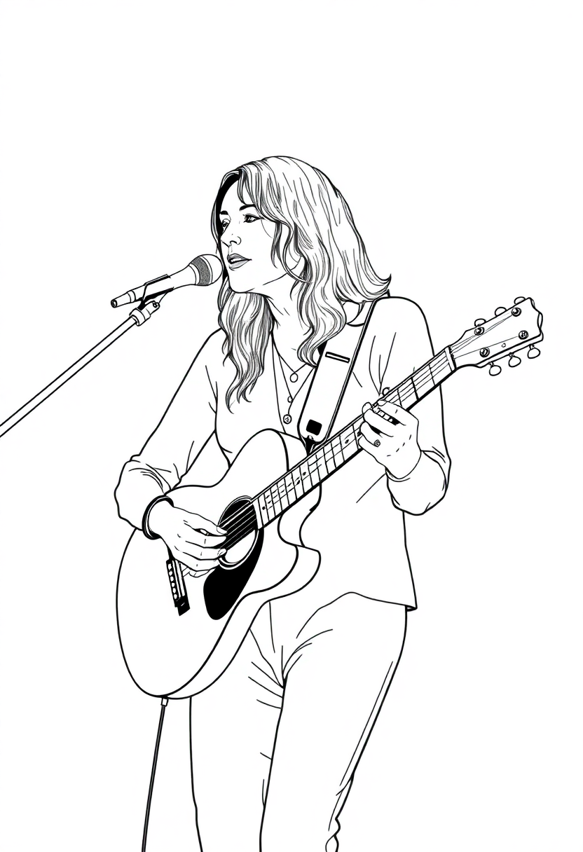 Joni Mitchell with Guitar coloring page, free printable