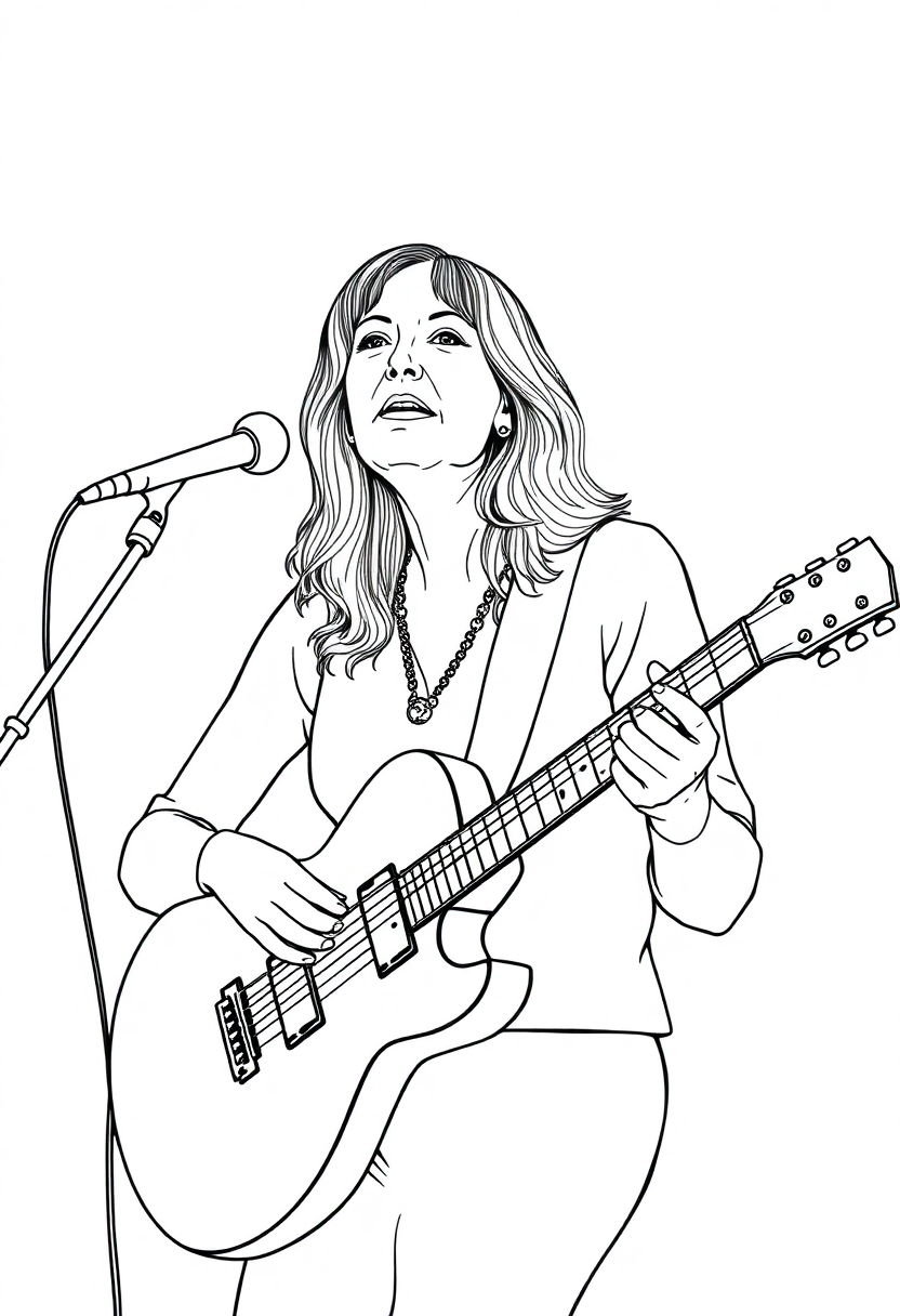 Joni Mitchell with Guitar coloring page showing the folk singer holding acoustic guitar in decorative mandala border design