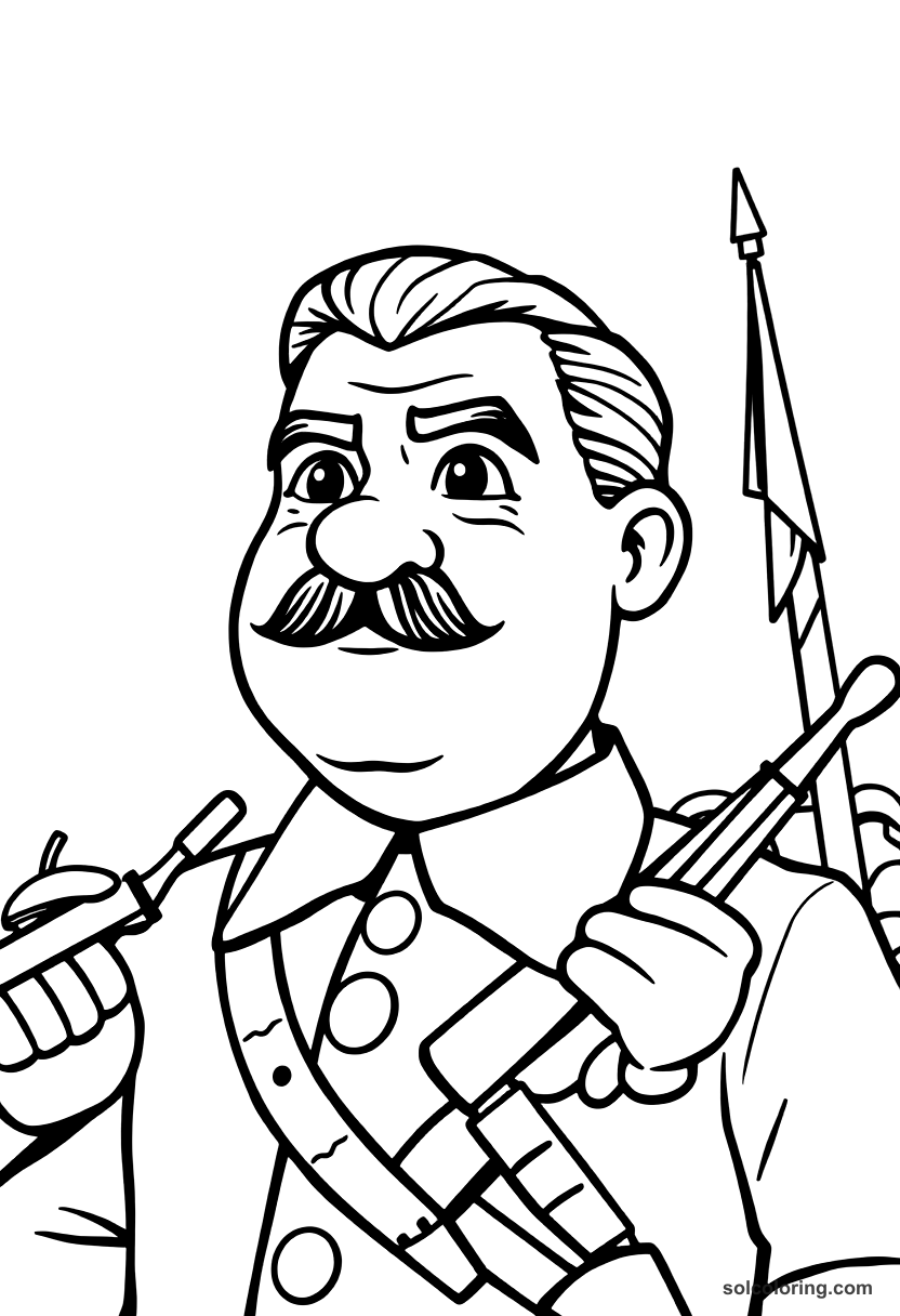 Cute Cartoon Joseph Stalin Reviewing the Red Army coloring page, free printable cute cartoon style