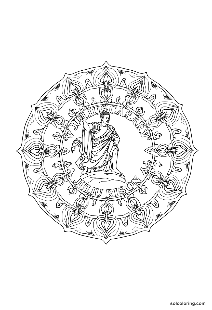 Mandala Julius Caesar Crossing the Rubicon coloring page, free printable mandala style