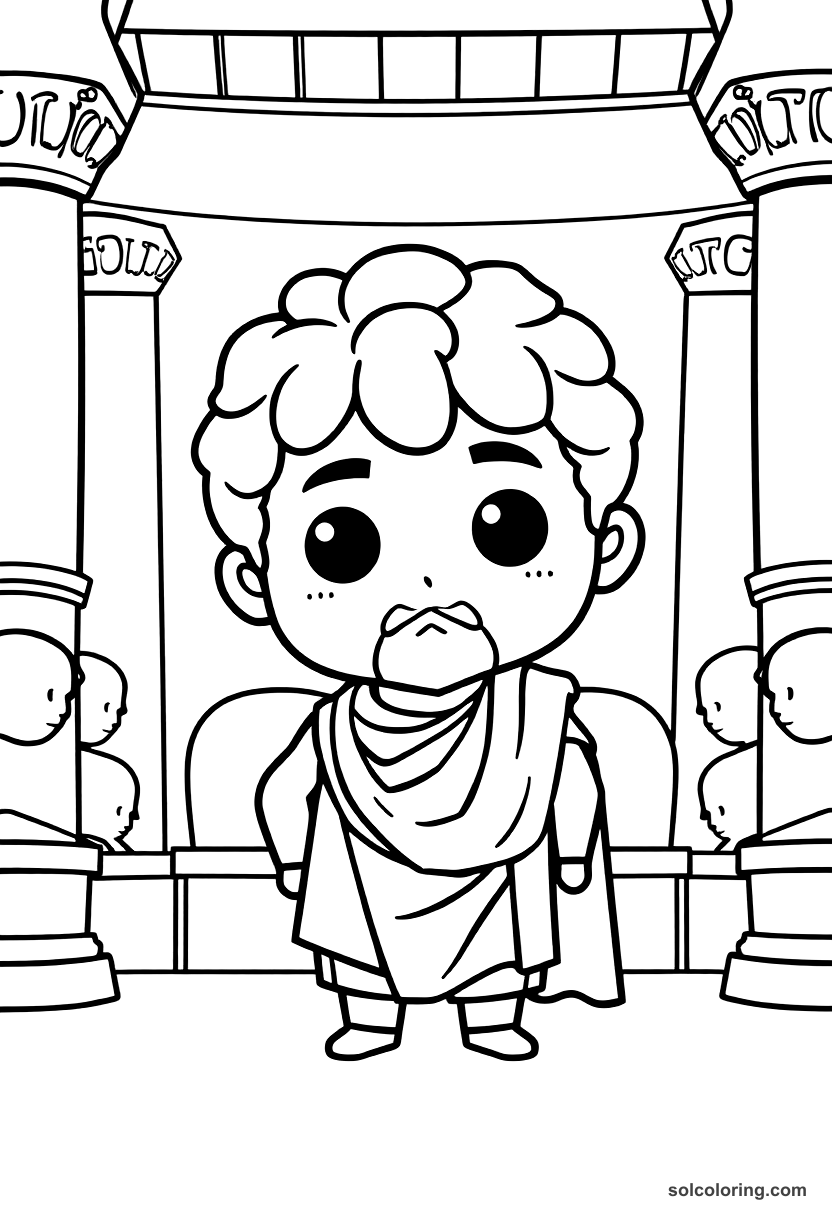 Chibi Julius Caesar in Roman Senate coloring page, free printable chibi style