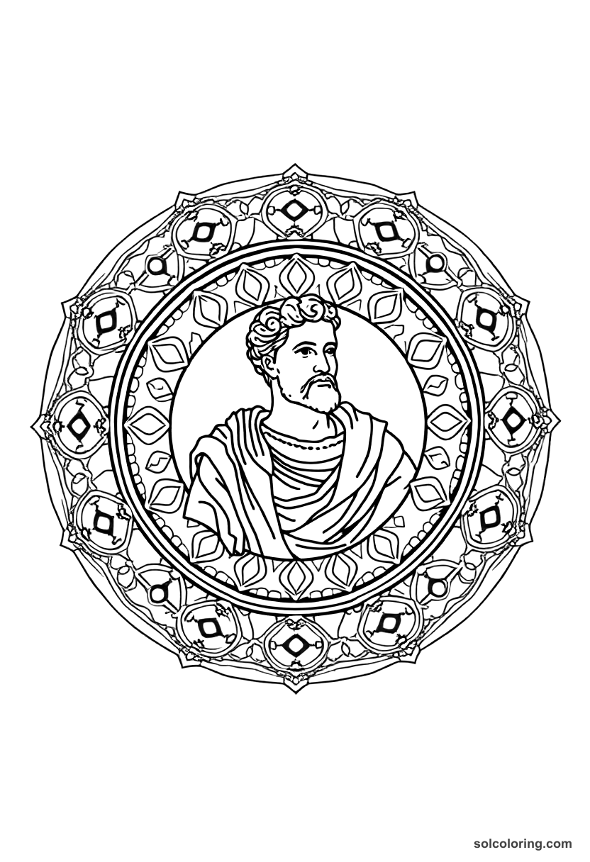 Mandala Julius Caesar in Roman Senate coloring page, free printable mandala style