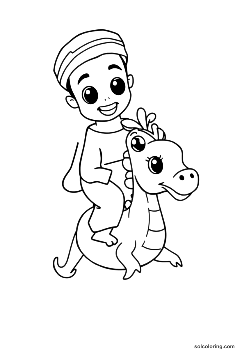 Cute Cartoon Julnar's brother Salih riding a sea horse coloring page, free printable cute cartoon style