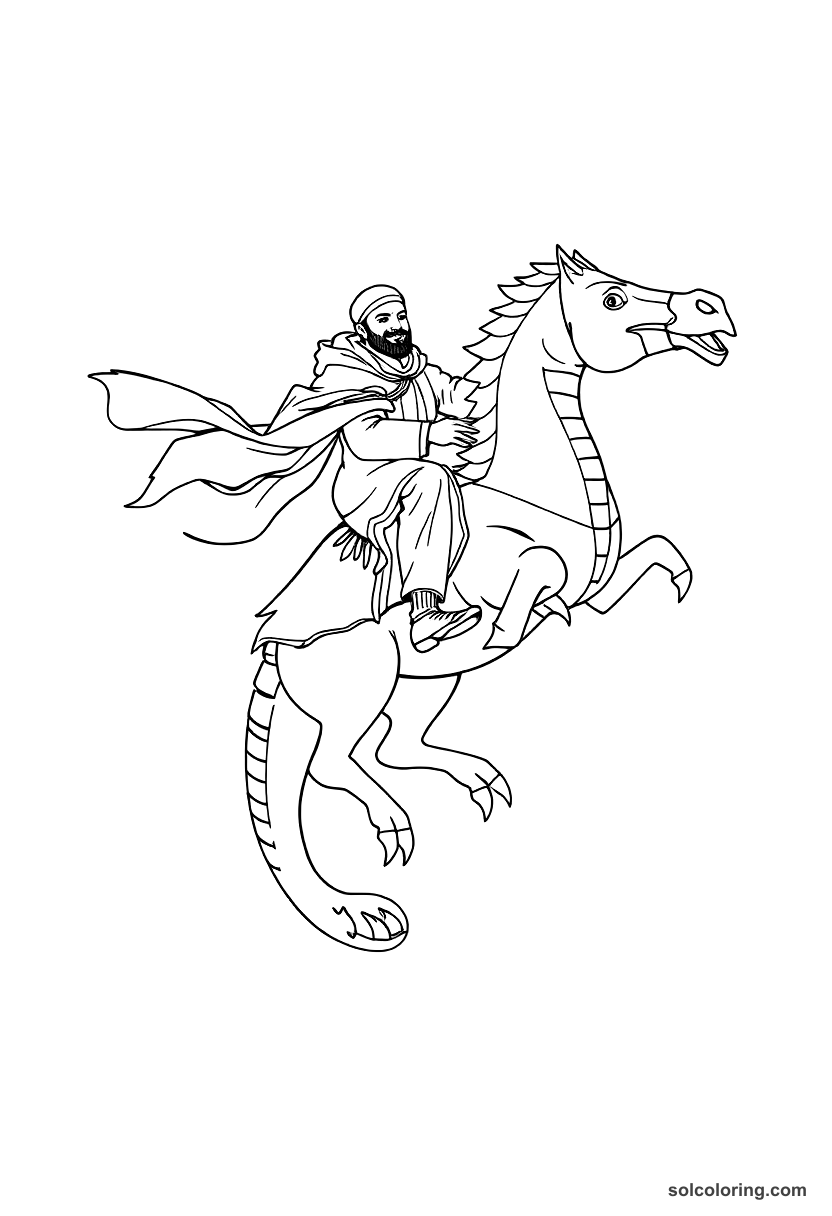 Julnar's brother Salih riding a sea horse coloring page, free printable detailed style