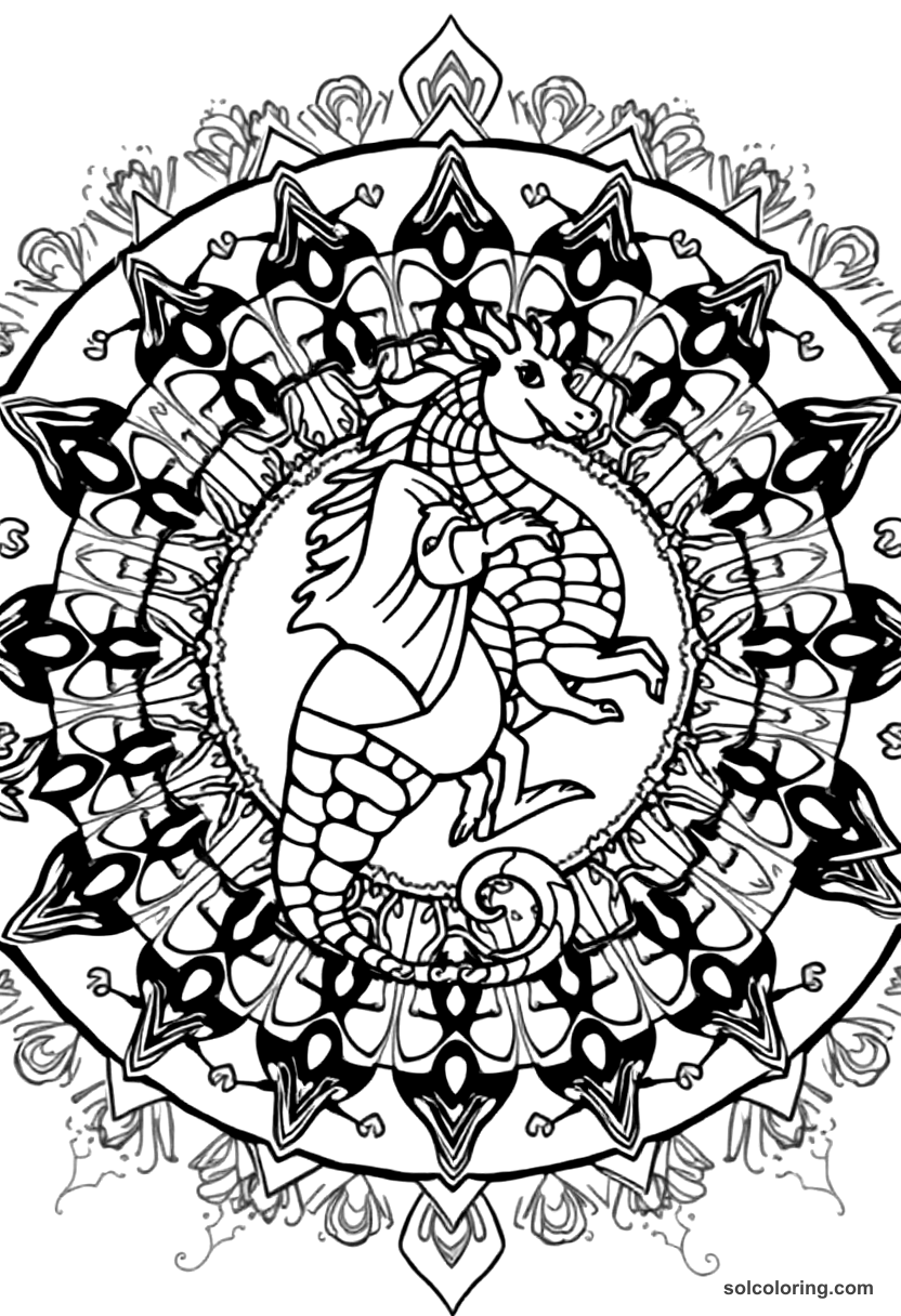 Mandala Julnar's brother Salih riding a sea horse coloring page, free printable mandala style