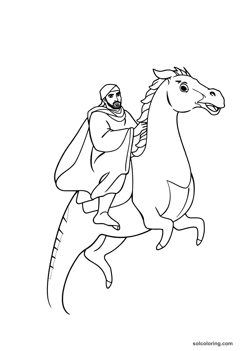 Simple Julnar's brother Salih riding a sea horse coloring page, free printable simple style