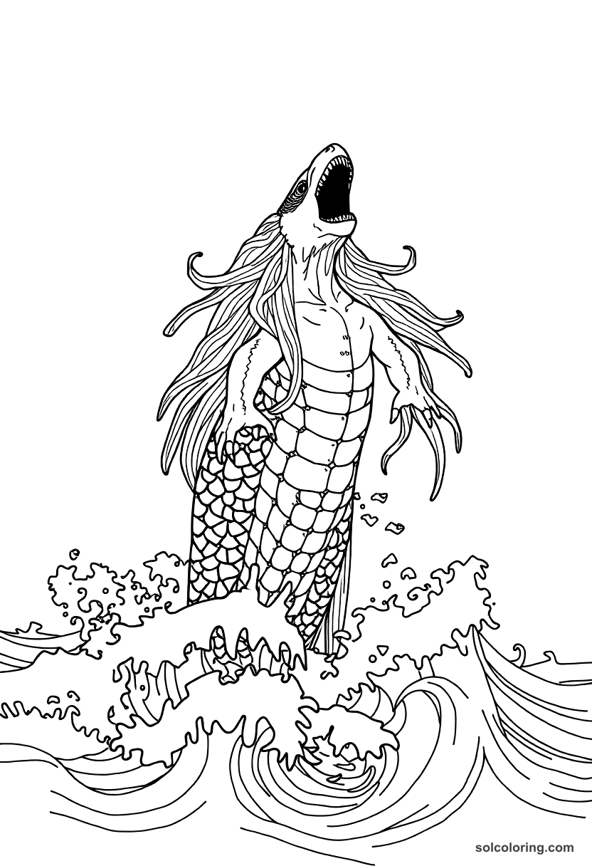 Julnar the Sea-Born rising from the ocean waves coloring page, free printable detailed style