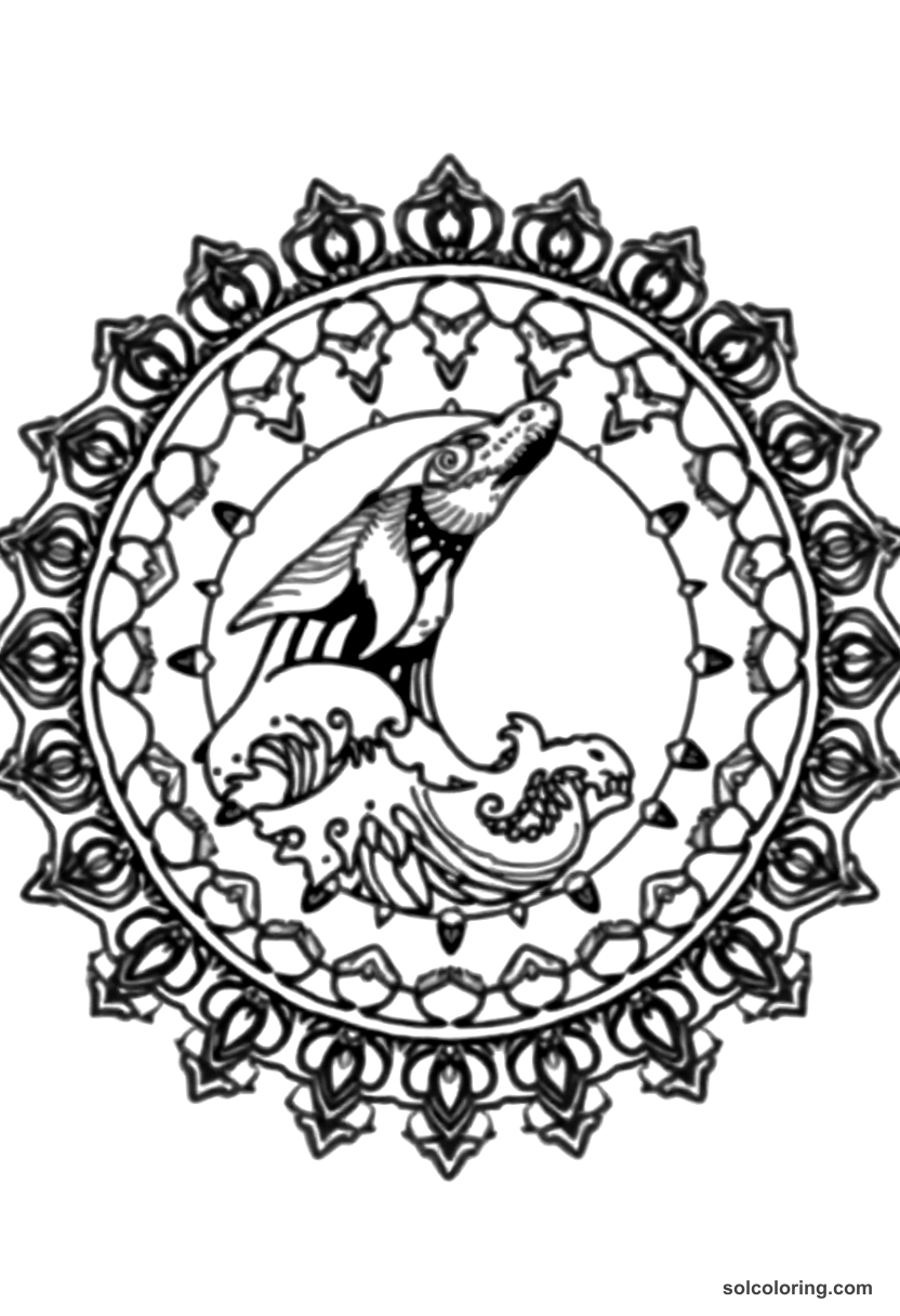Mandala Julnar the Sea-Born rising from the ocean waves coloring page, free printable mandala style