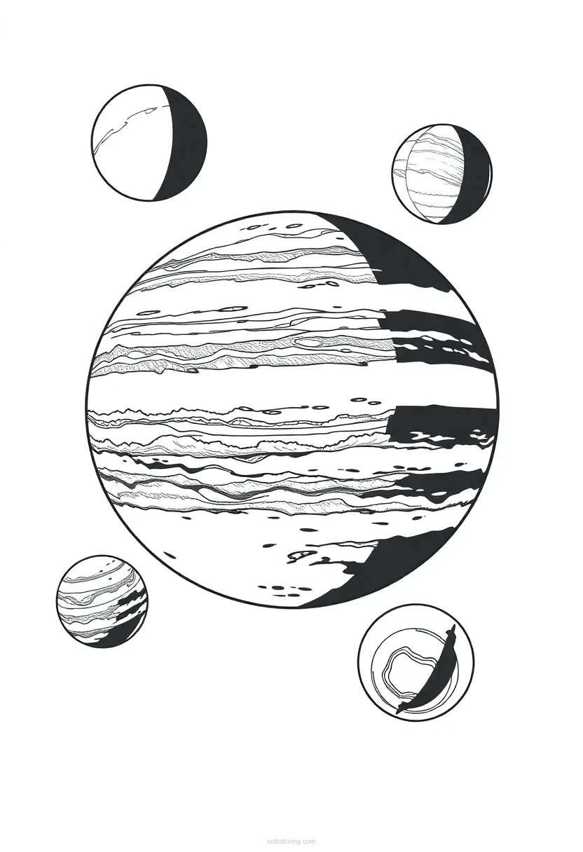 Jupiter and Its Moons coloring page for kids