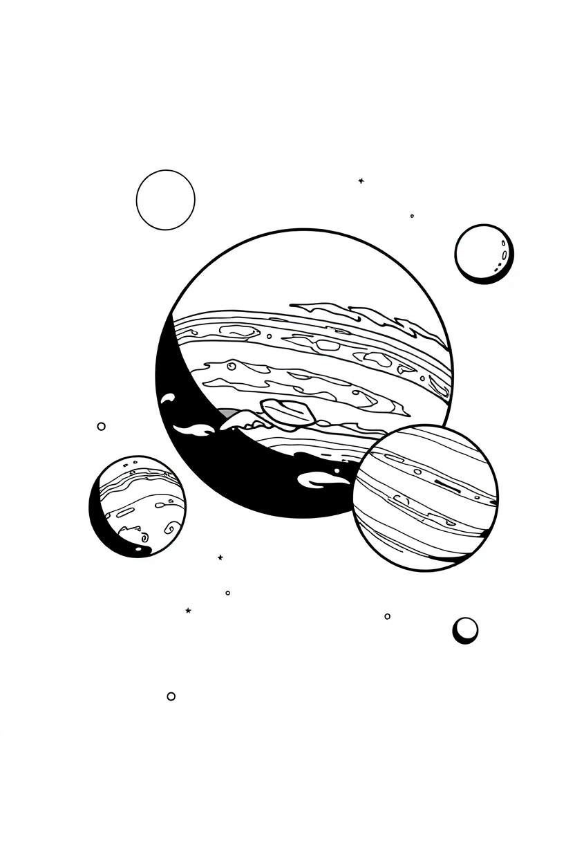 Jupiter and Its Moons coloring page, free printable