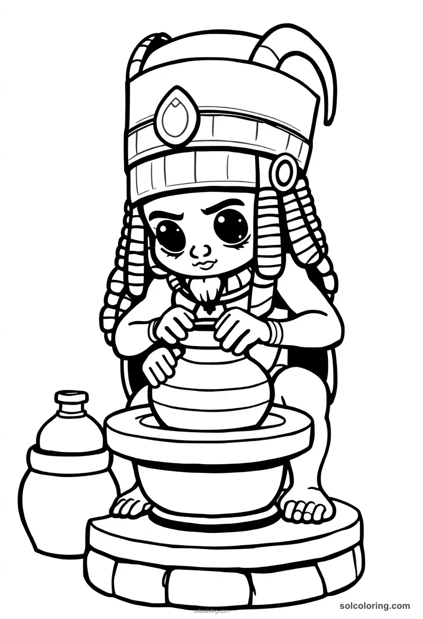 Chibi Khnum Shaping Humans on Potter's Wheel chibi coloring page for kids
