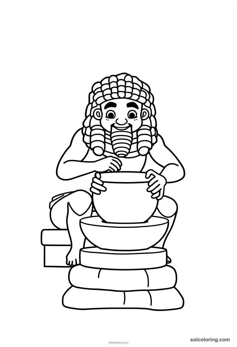 Cute Cartoon Khnum Shaping Humans on Potter's Wheel cute cartoon coloring page for kids