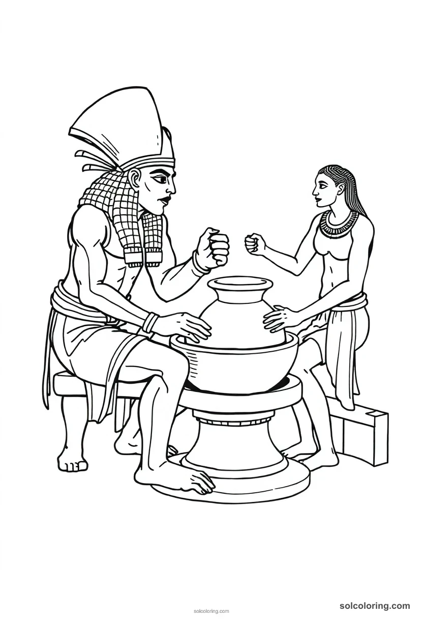 Khnum Shaping Humans on Potter's Wheel detailed coloring page for kids
