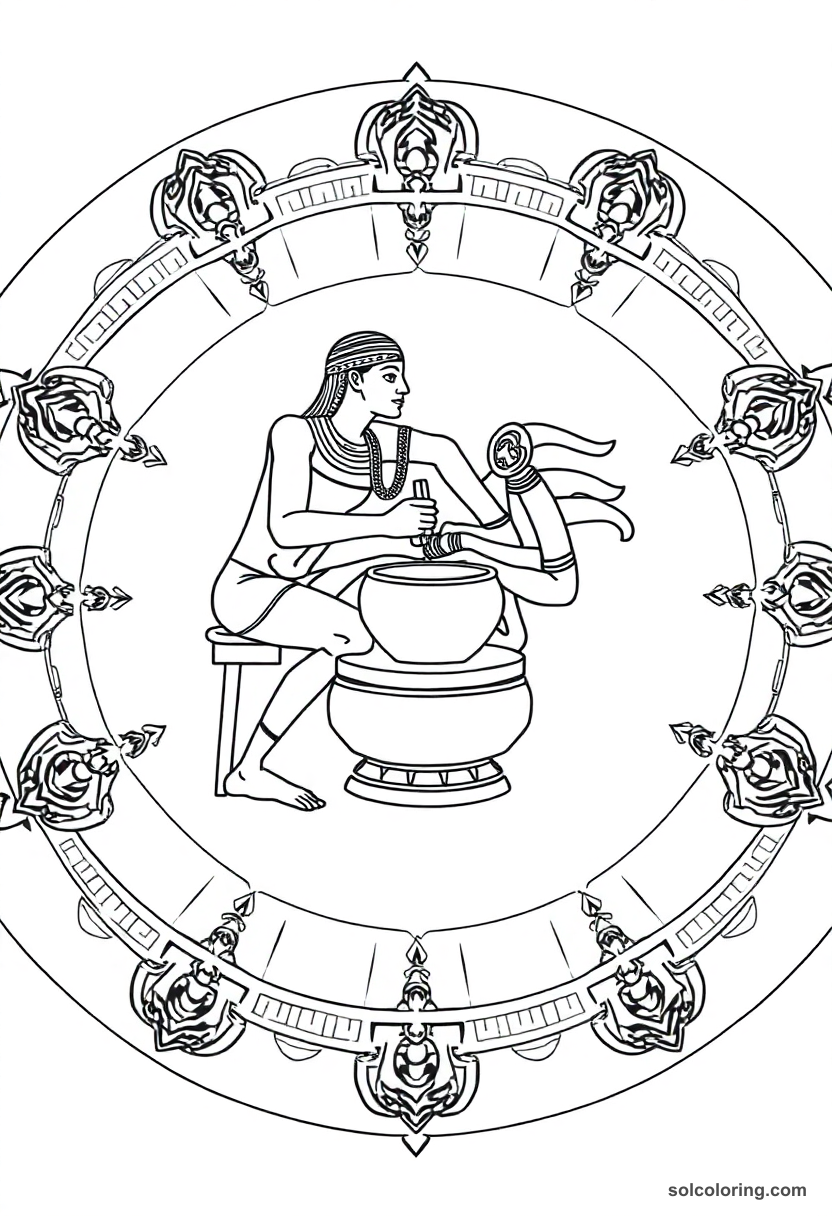 Mandala coloring page showing Egyptian god Khnum shaping humans on potter's wheel with decorative patterns and hieroglyphs