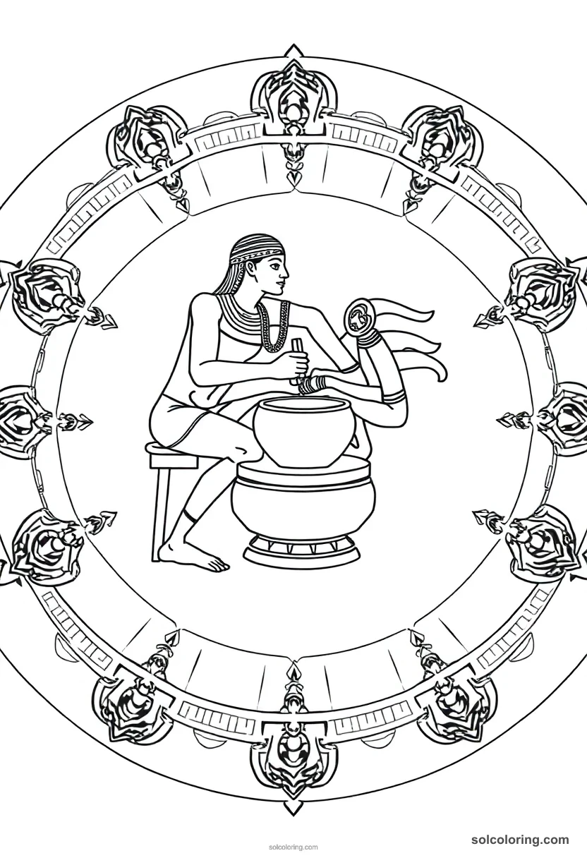 Mandala Khnum Shaping Humans on Potter's Wheel mandala coloring page for kids