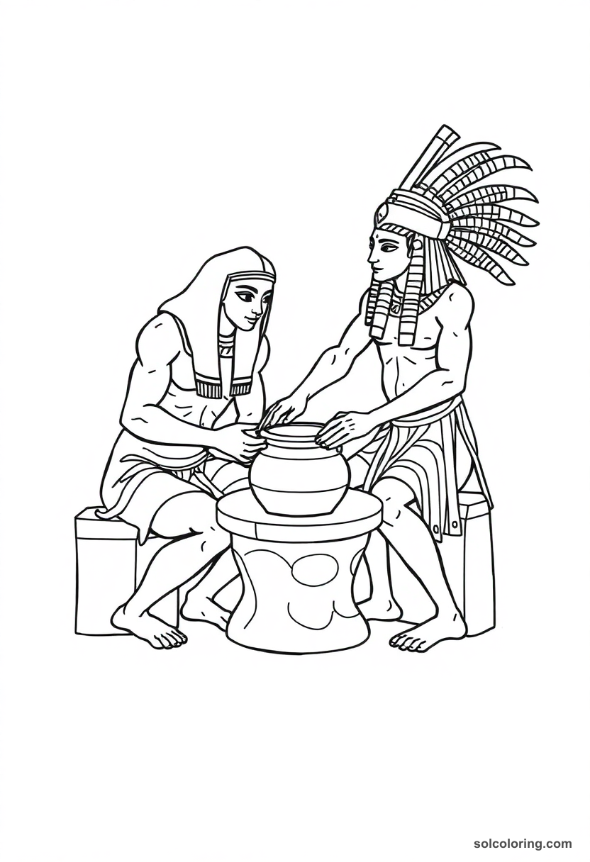 Khnum ram-headed Egyptian god shaping human figures on potter's wheel coloring page with bold outlines