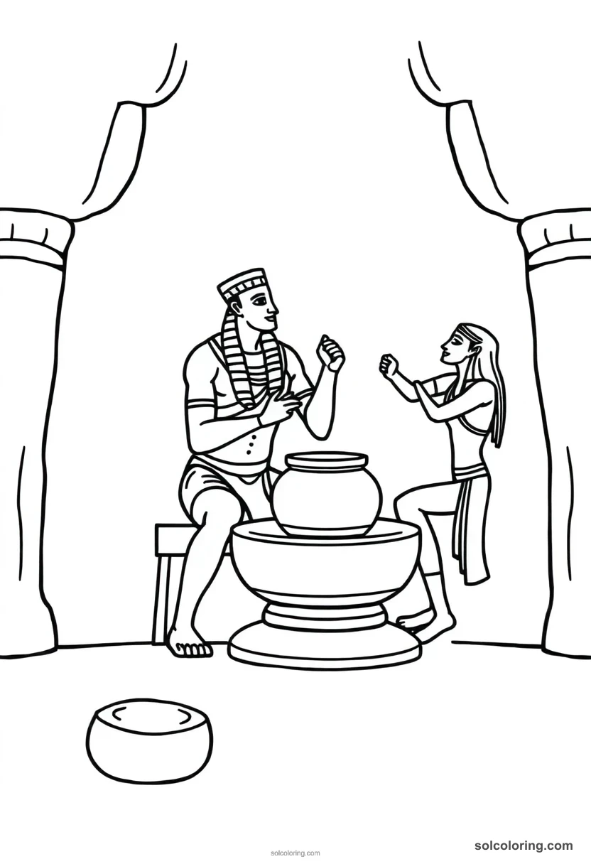 Simple Khnum Shaping Humans on Potter's Wheel simple coloring page for kids