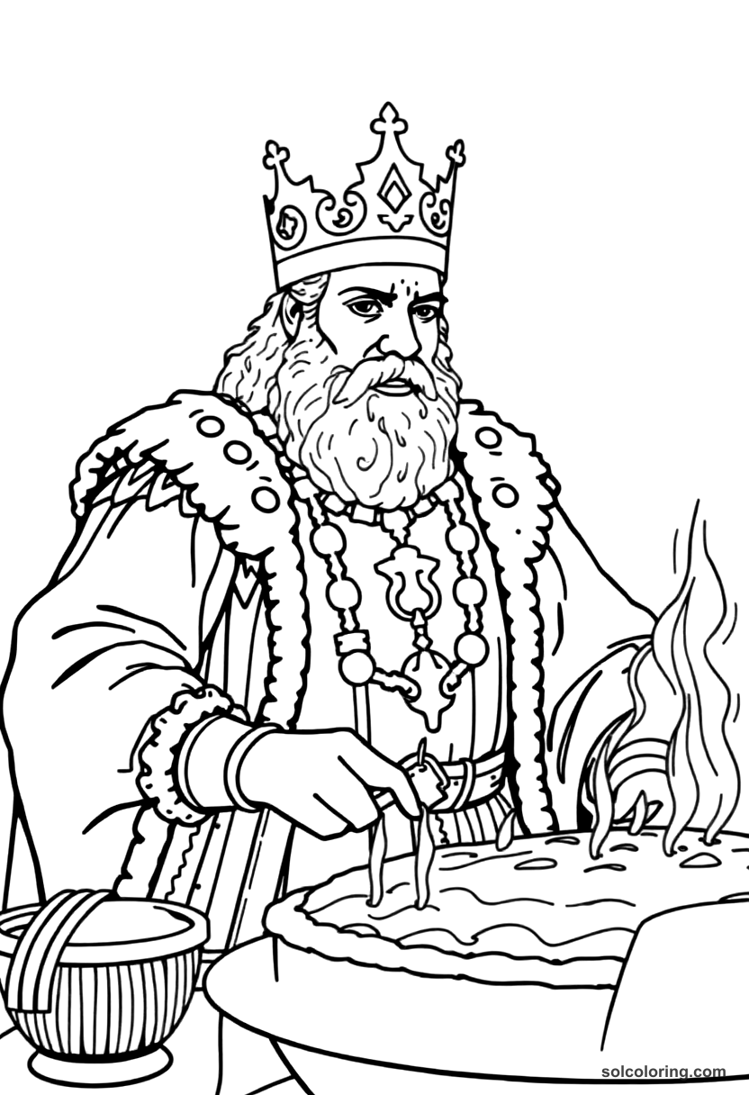 King Alfred the Great Burning the Cakes coloring page, free printable detailed style