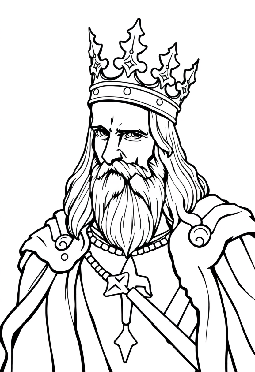 King Arthur coloring page showing cartoon king wearing ornate crown with bold black outlines for easy coloring