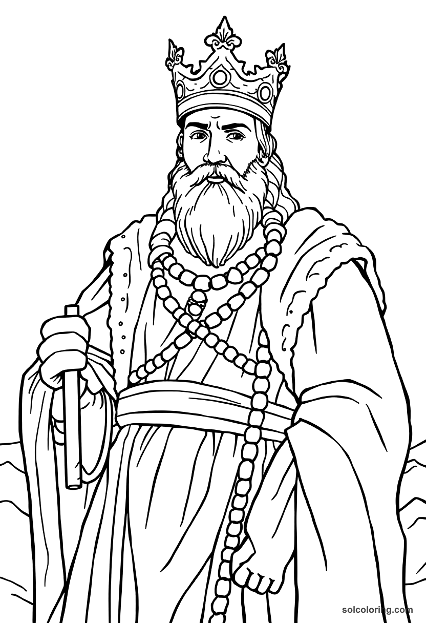King Cnut standing by ocean waves commanding the sea coloring page with bold outlines and detailed medieval royal clothing