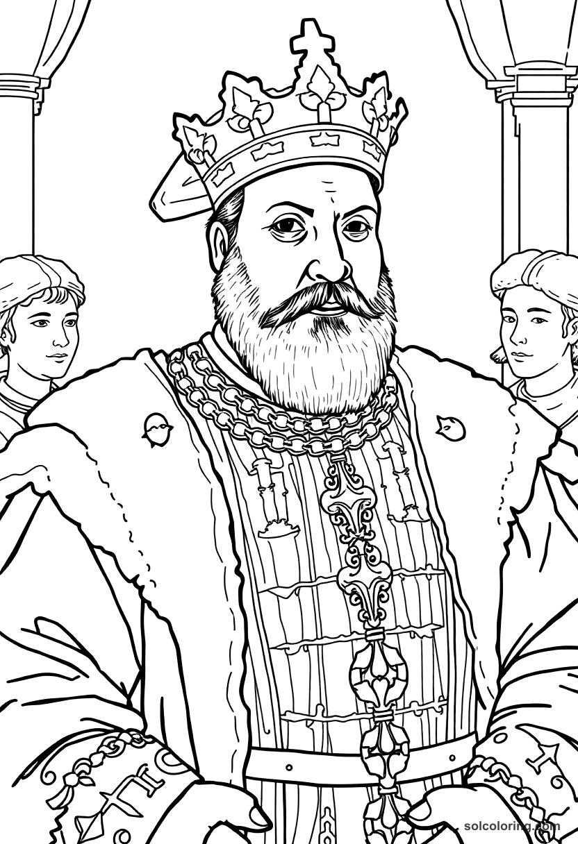King Henry VIII with His Court coloring page, free printable detailed style