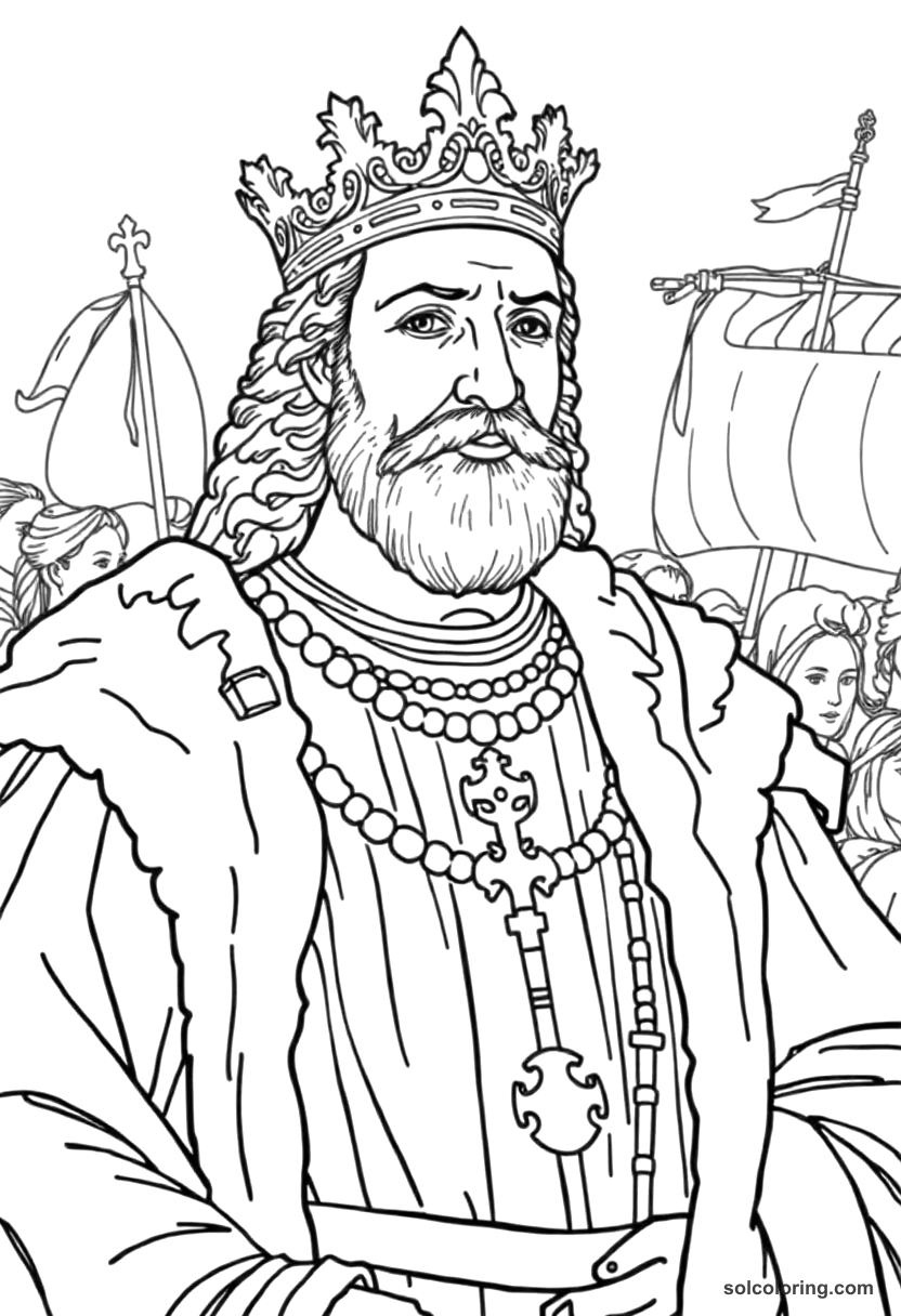King Philip II of Spain with the Armada coloring page, free printable detailed style