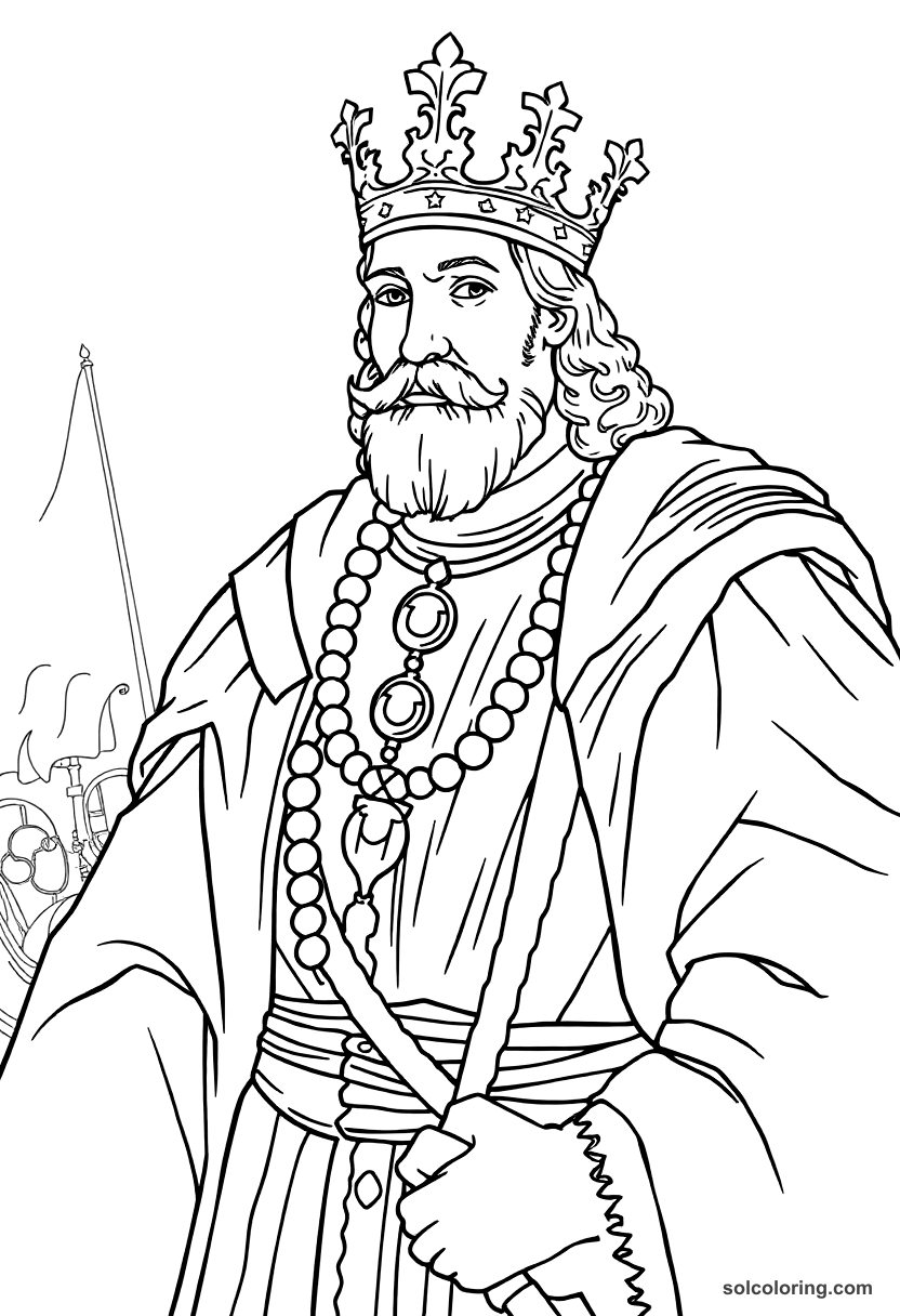 King Philip II of Spain with the Armada coloring page, free printable realistic style