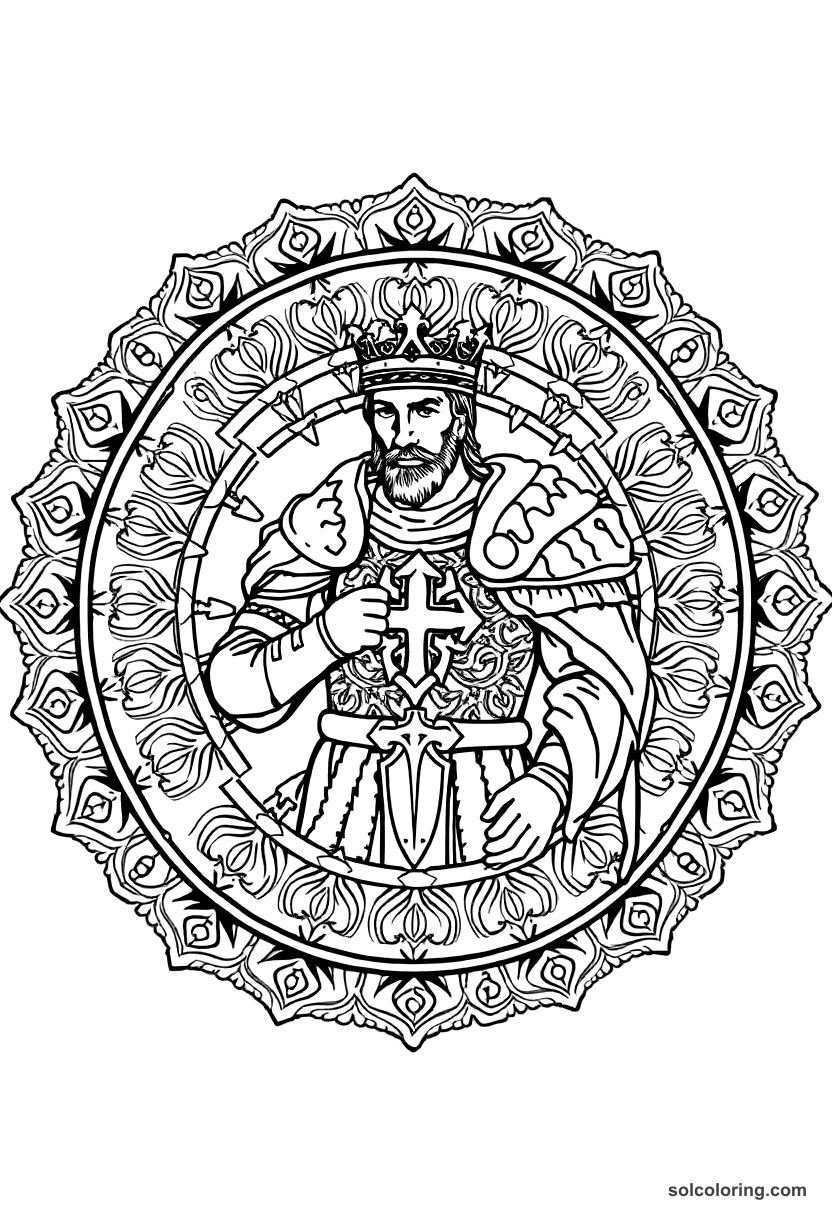 Mandala King Richard I the Lionheart in Crusader Armor coloring page, free printable mandala style