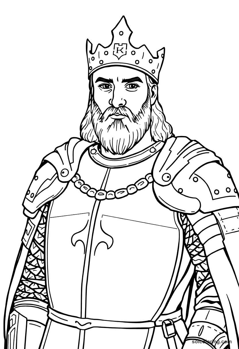 King Richard I the Lionheart in Crusader Armor coloring page, free printable realistic style