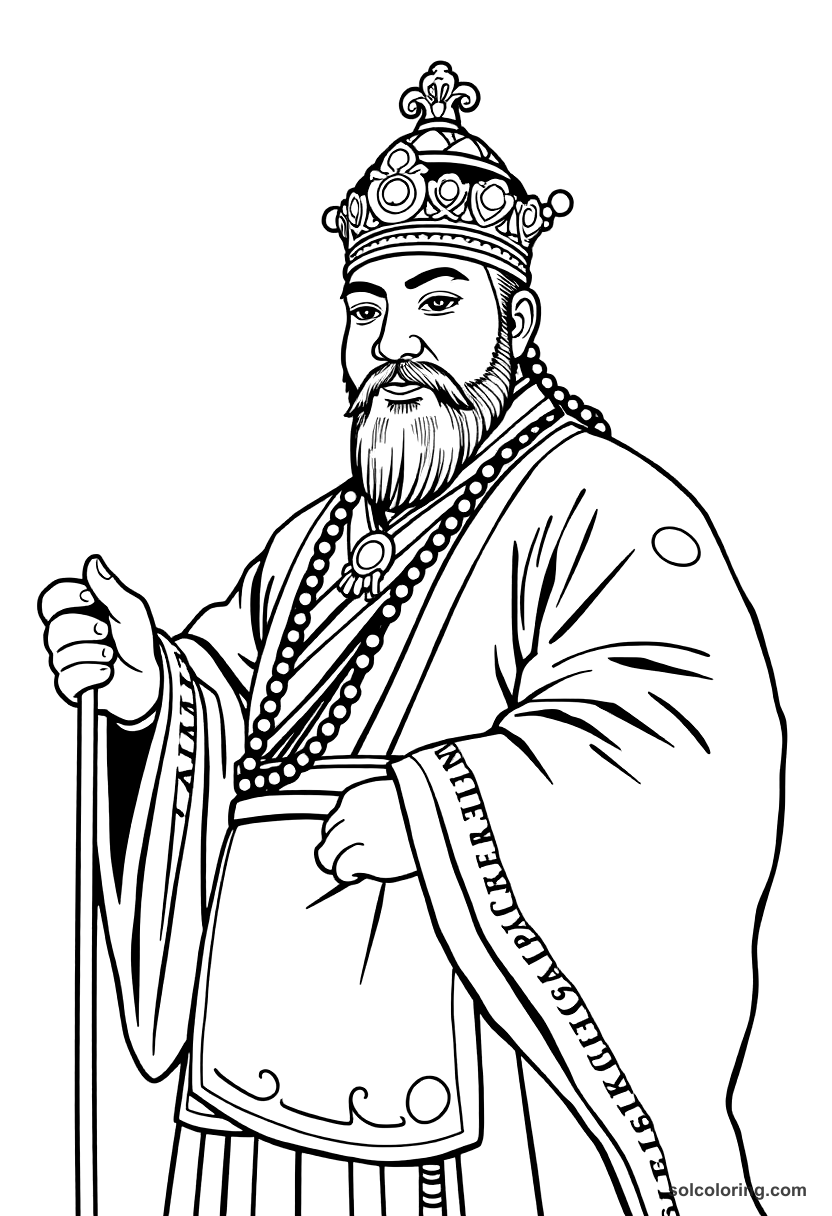 King Sejong the Great Presenting Hangul coloring page, free printable realistic style