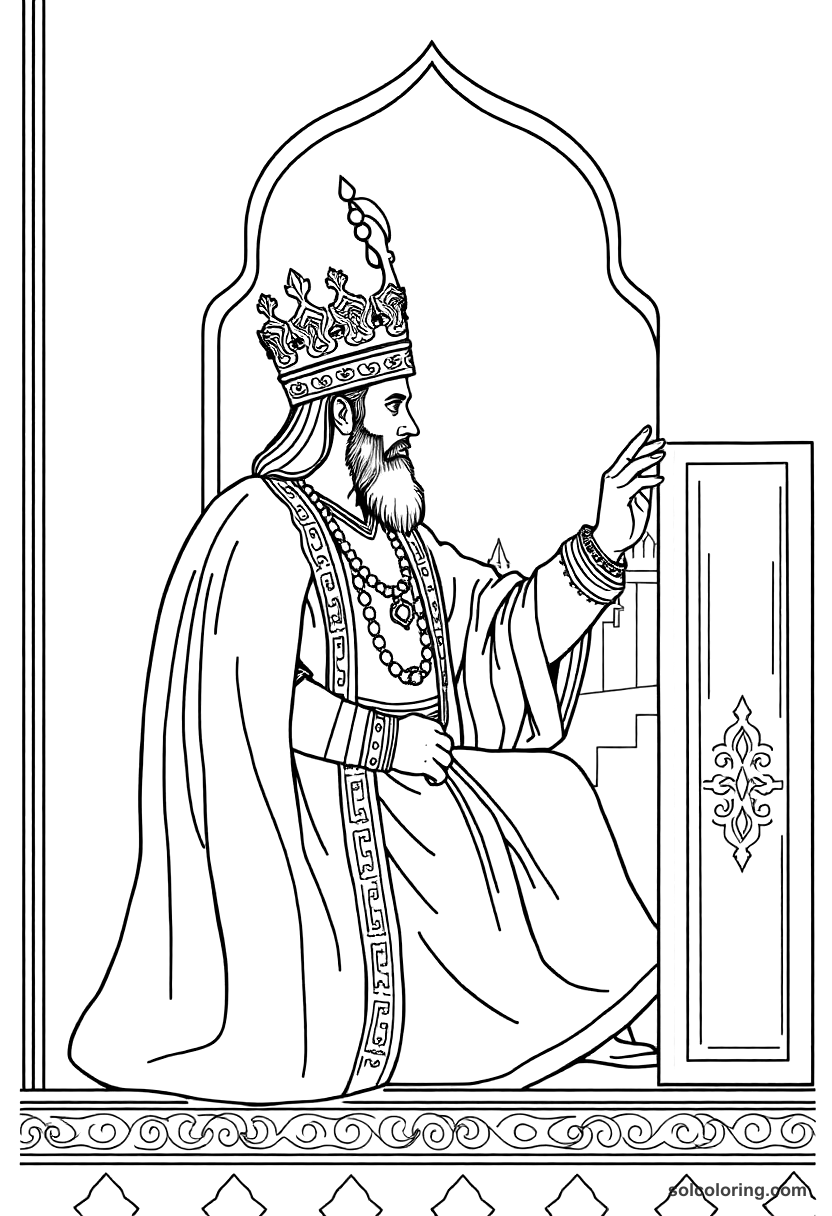 King Shahzaman watching from his window coloring page, free printable detailed style