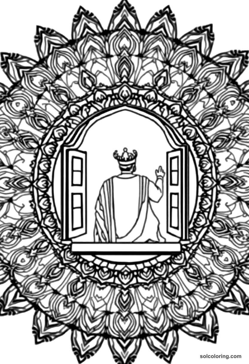 Mandala King Shahzaman watching from his window coloring page, free printable mandala style