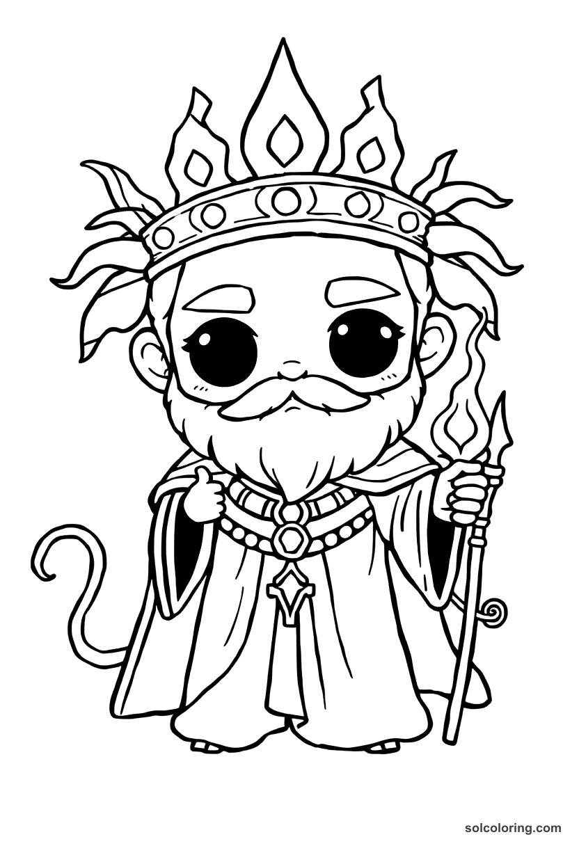 Chibi King Solomon commanding the djinn coloring page, free printable chibi style