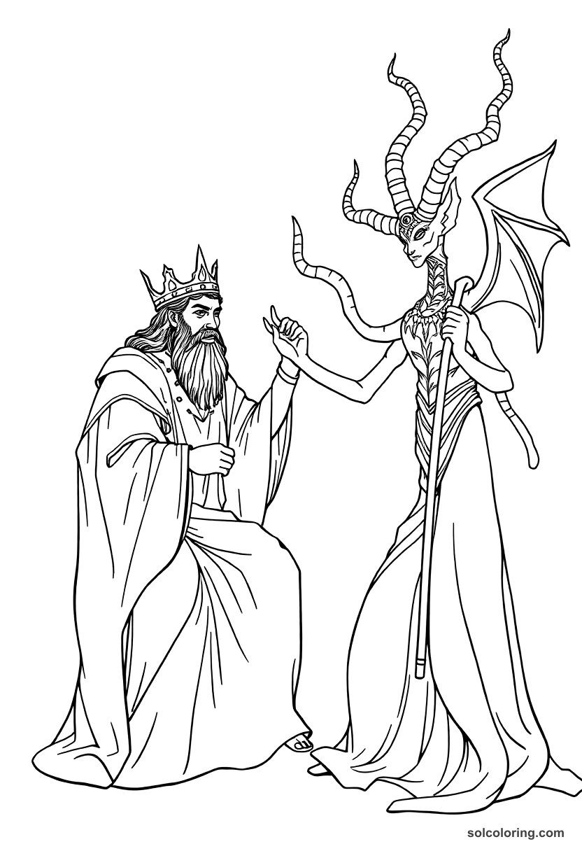 King Solomon commanding the djinn coloring page, free printable detailed style
