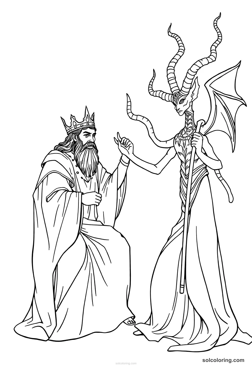 King Solomon commanding the djinn detailed coloring page for kids