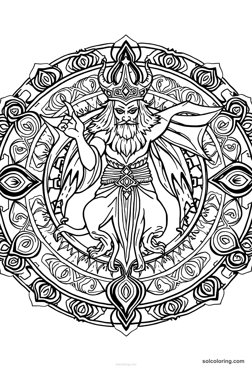 Mandala King Solomon commanding the djinn mandala coloring page for kids