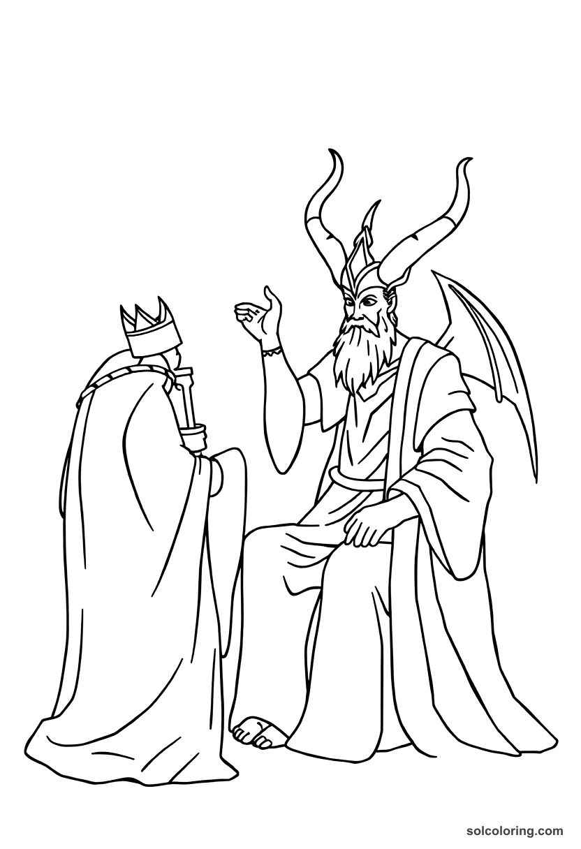 Simple King Solomon commanding the djinn coloring page, free printable simple style