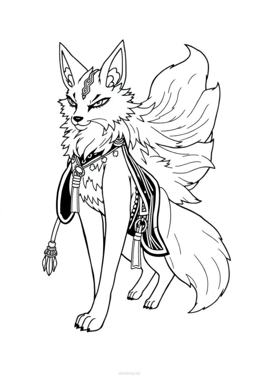 Kitsune Nine-Tailed Fox coloring page for kids