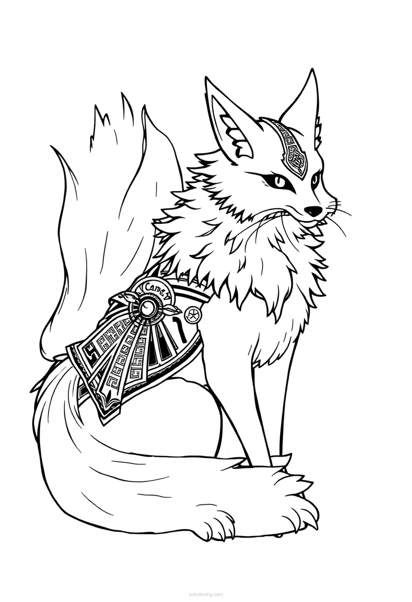 Kitsune Nine-Tailed Fox coloring page for kids