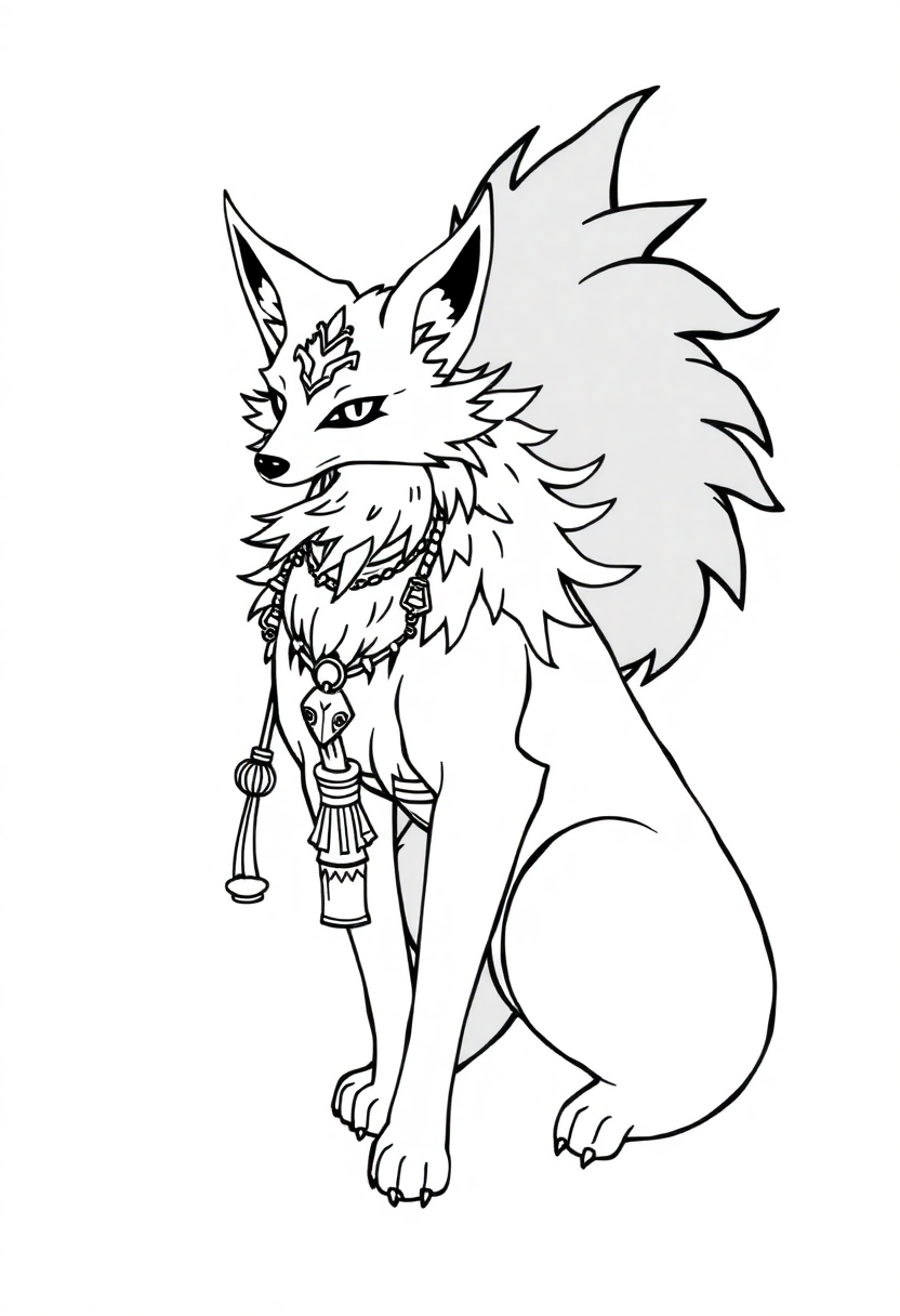 Kitsune Nine-Tailed Fox coloring page, free printable