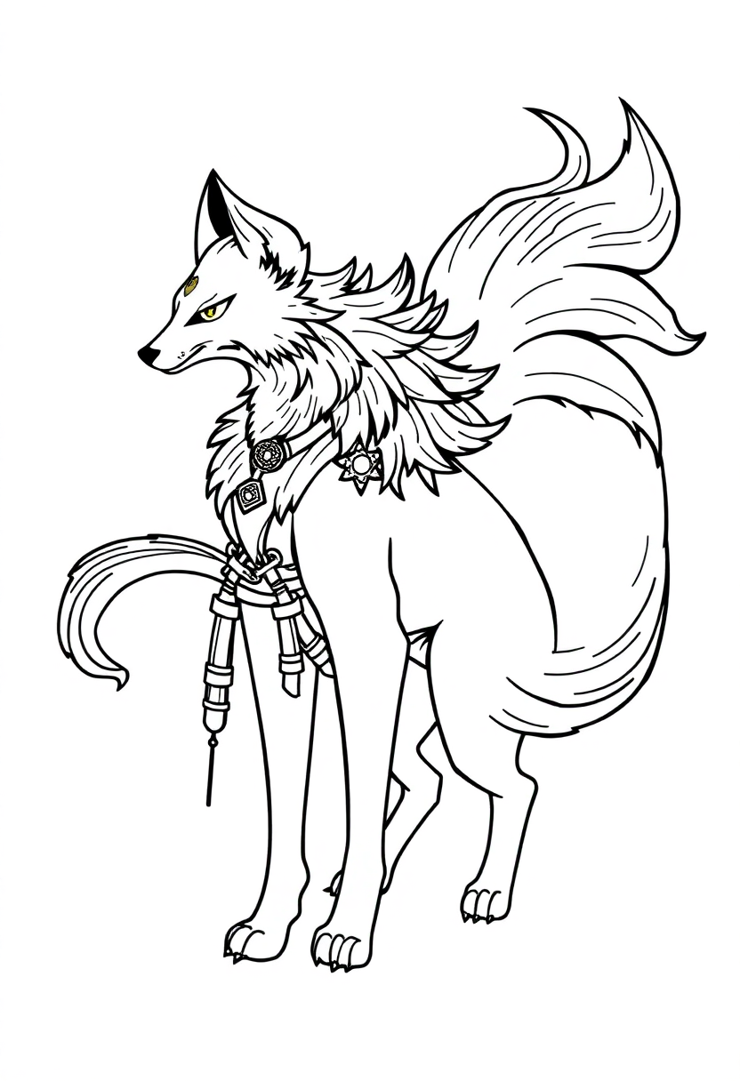 Kitsune Nine-Tailed Fox coloring page, free printable