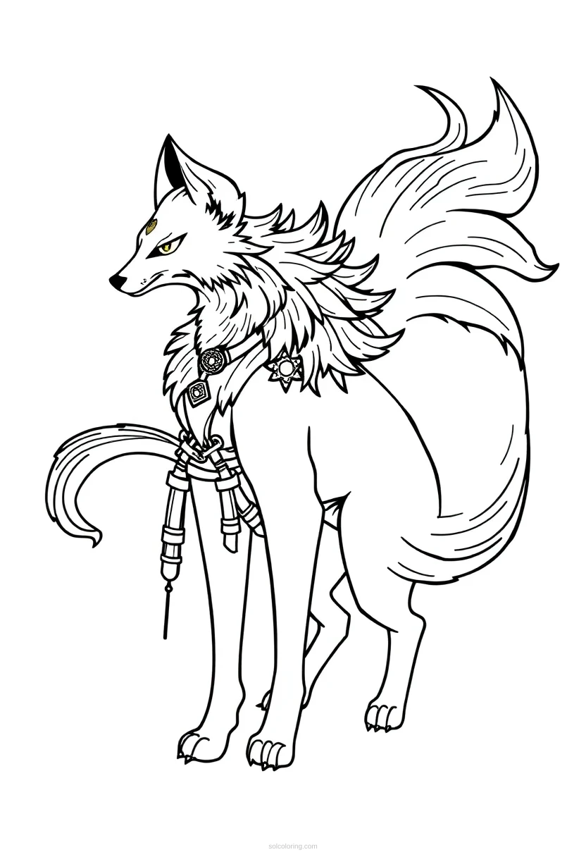 Kitsune Nine-Tailed Fox coloring page for kids