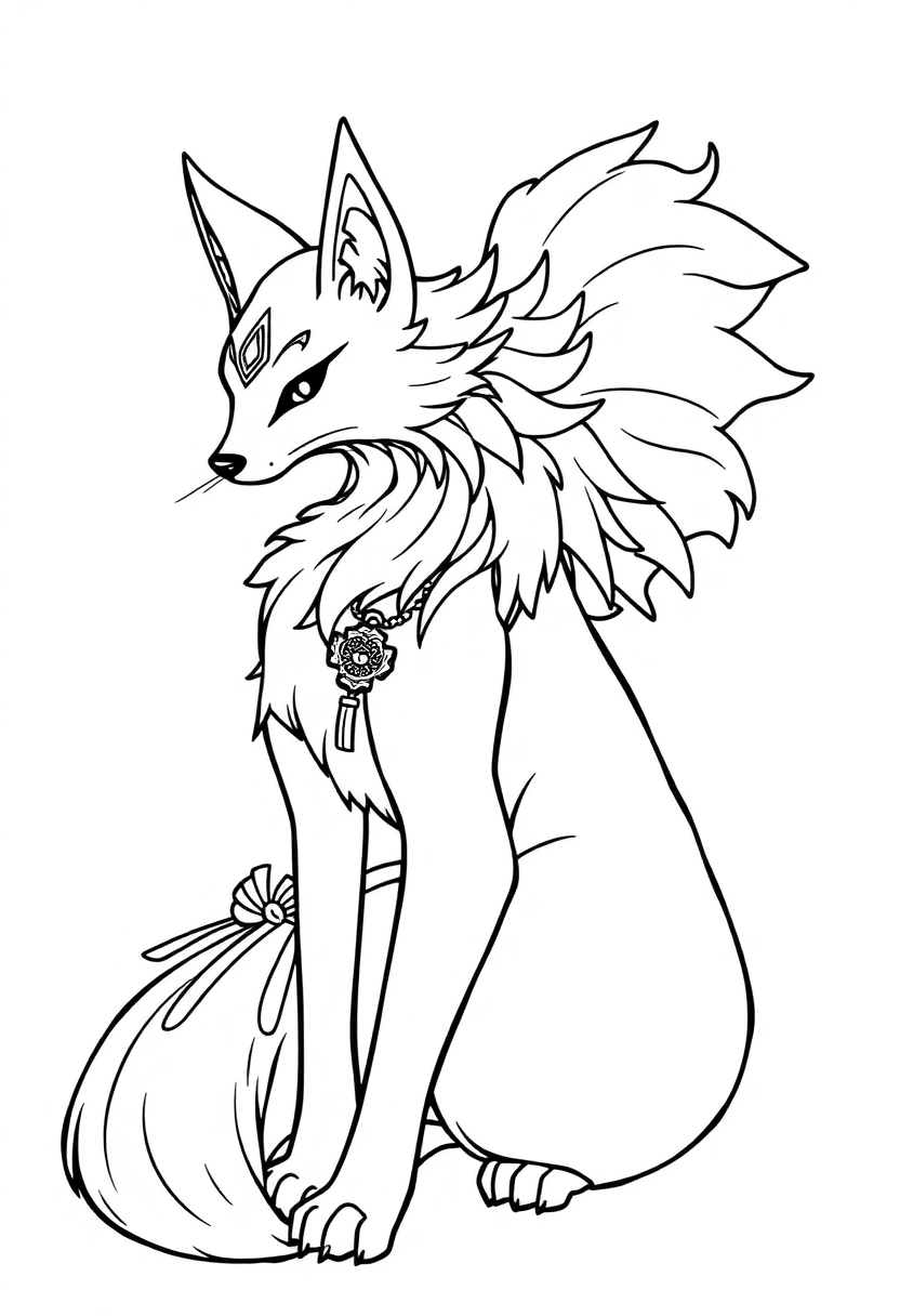 Kitsune Nine-Tailed Fox coloring page, free printable