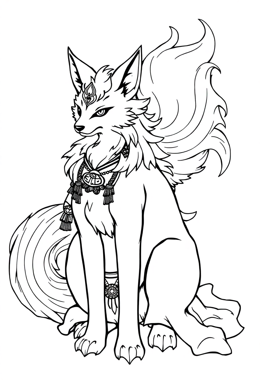 Kitsune Nine-Tailed Fox coloring page, free printable