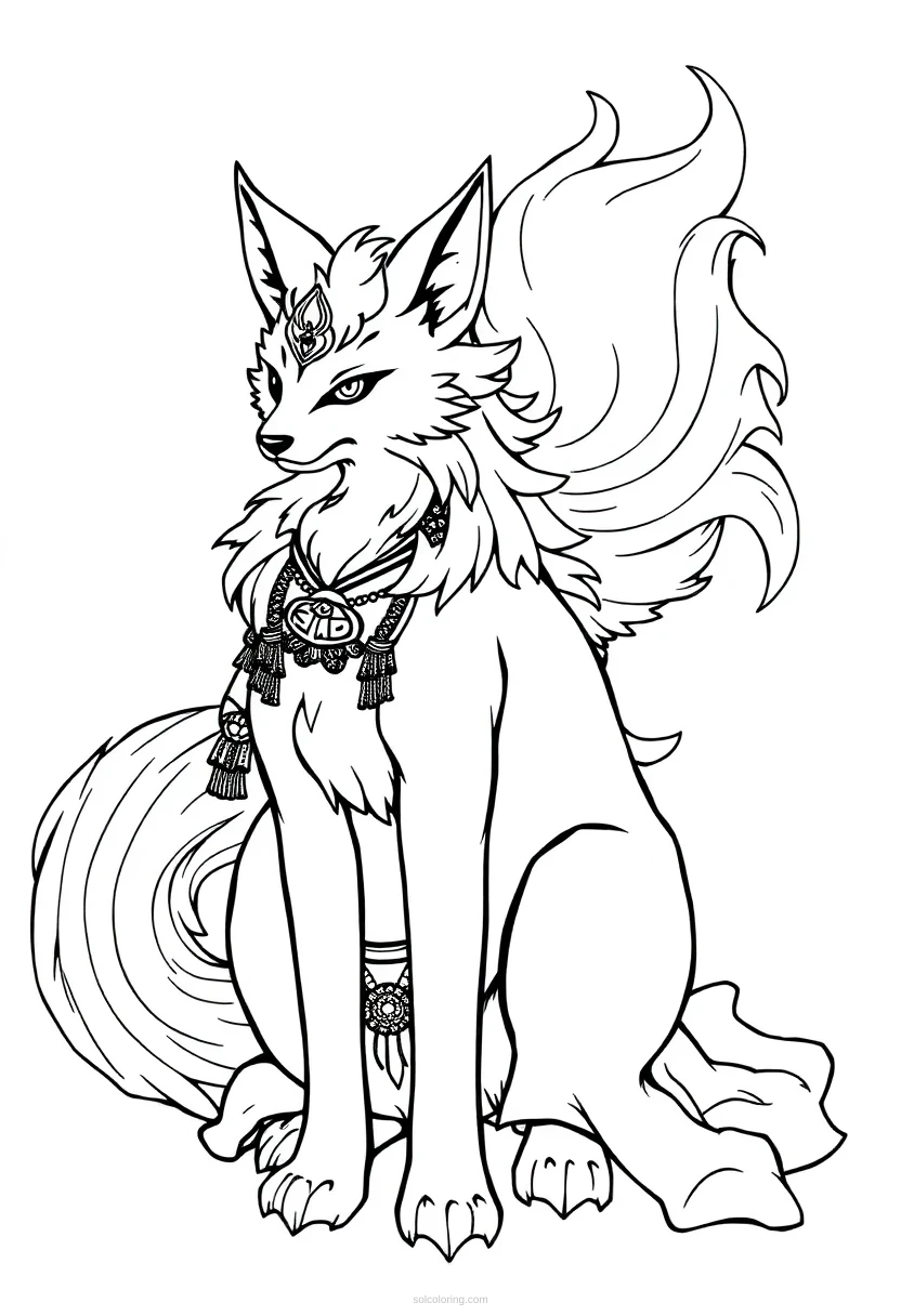 Kitsune Nine-Tailed Fox coloring page for kids