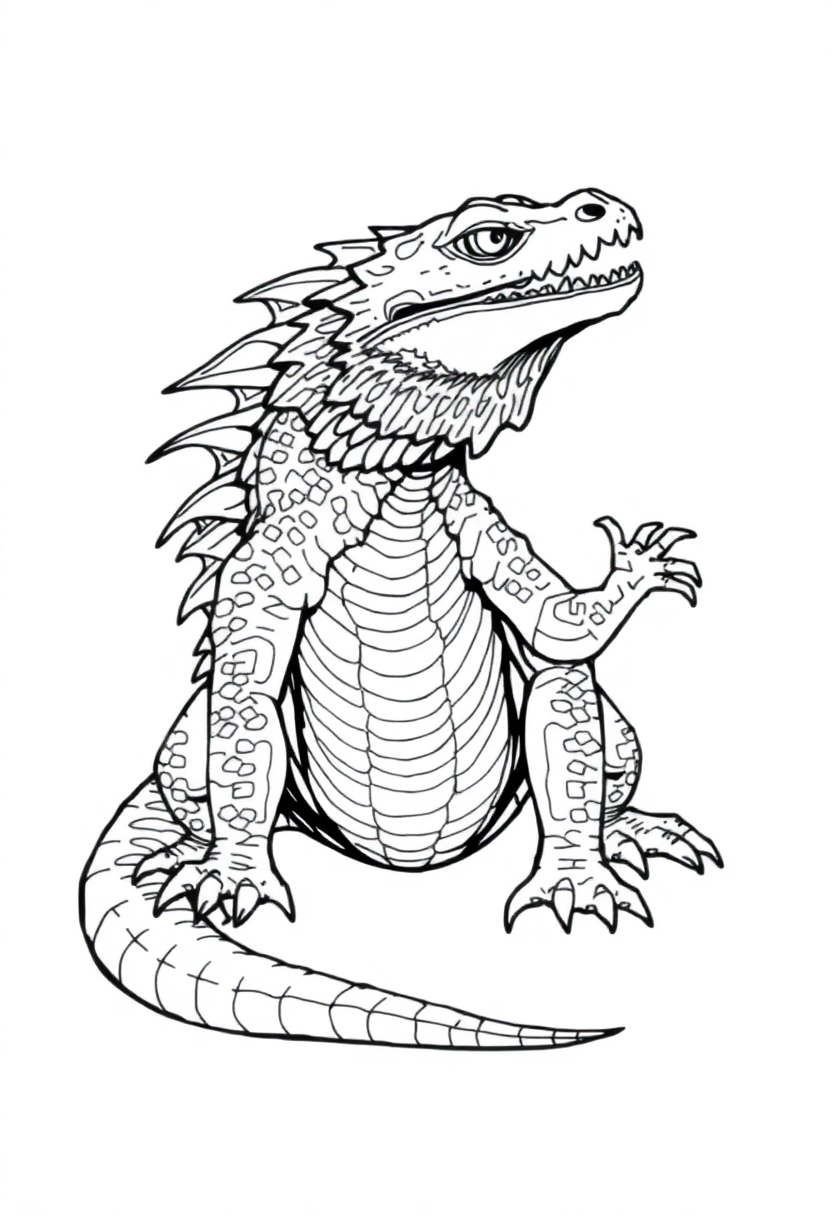 Cute chibi-style Komodo dragon coloring page with bold outlines, featuring simplified cartoon proportions and friendly expression