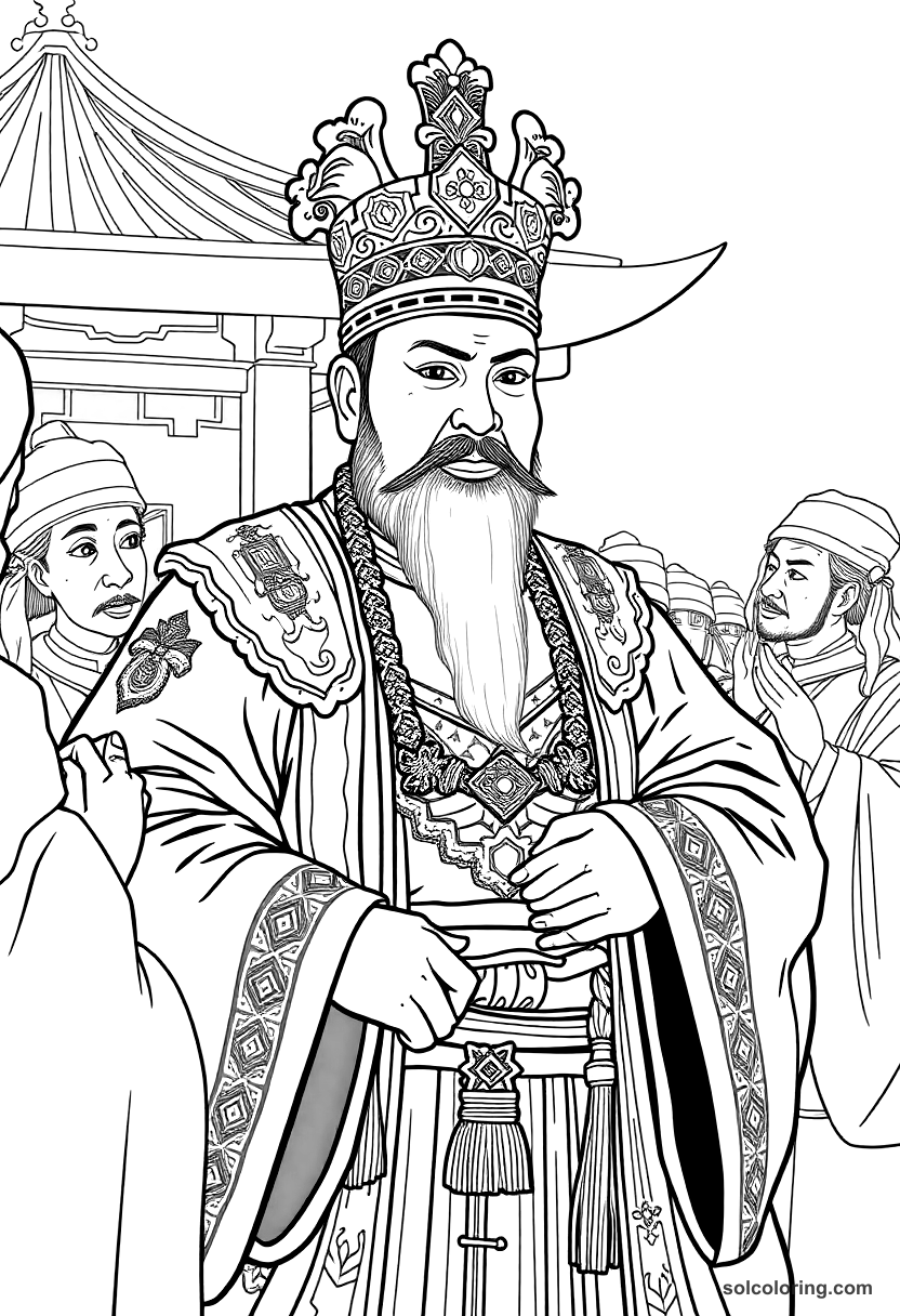 Kublai Khan Receiving Ambassadors coloring page, free printable realistic style