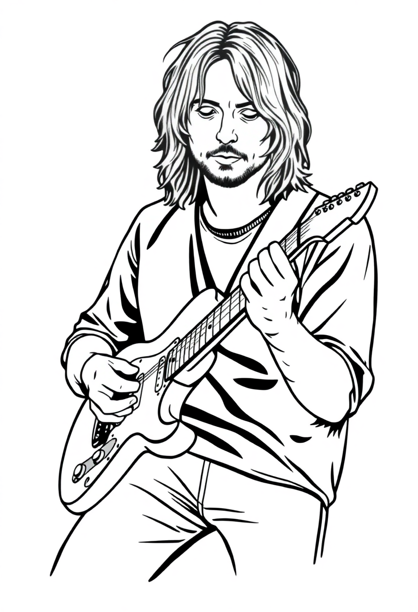 Kurt Cobain with Guitar coloring page, free printable